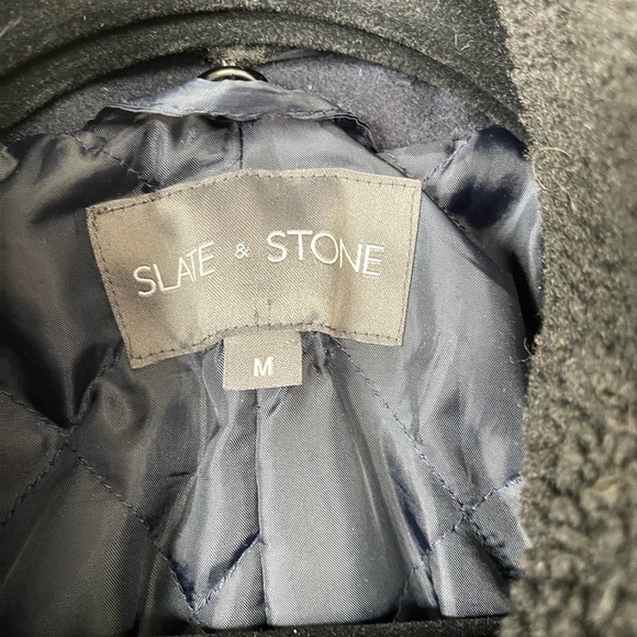 Slate and Stone double breasted faux shearling collar blue navy wool coat medium - Picture 2 of 5